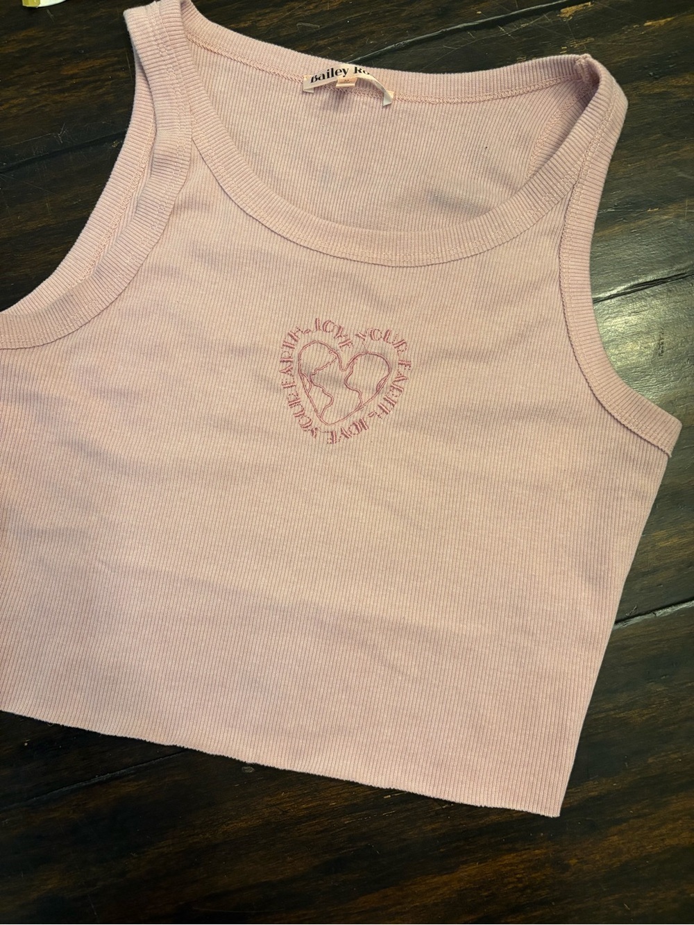 Bailey Rose Pale Pink Ribbed Heart-Embroidered Crop Tank Love Your Earth - med.